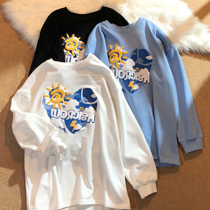 【ZHELIHANGFEI】Áo Thun Nỉ Tay Dài Dáng Rộng In Hình Trái Tim Dễ Phối Đồ