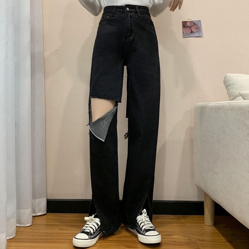 Quần Denim Ống Rộng Màu Đen Thiết Kế Xẻ Rách Cá Tính 152369 Quần Dài Ống Rộng Xẻ Tà Thời Trang