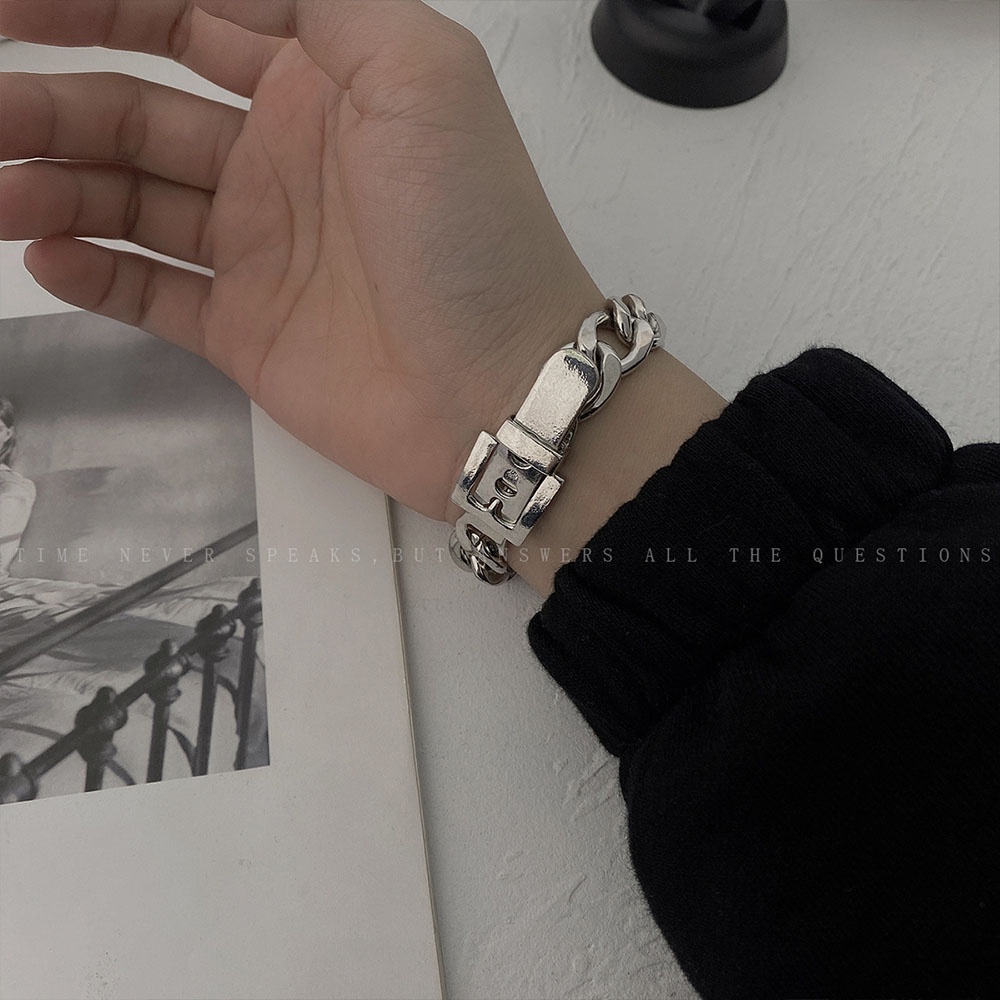 Vòng Tay Dây Xích Kim Loại Dày Có Khóa Cài Phong Cách Hip Hop Hàn Quốc Cho Nam Nữ