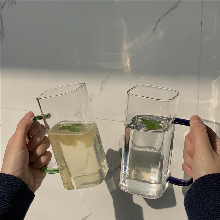 Cốc, Ly Thủy Tinh Cao Vuông Quai Màu Jelly Glass
