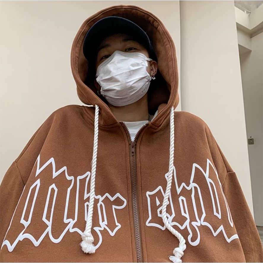 Áo Khoác dây kéo Có Nón Dáng Rộng In Chữ Áo hoodie Phong Cách Hàn Quốc áo hoodie dây kéo Thời Trang áo khoác hoodie Nam Nữ
