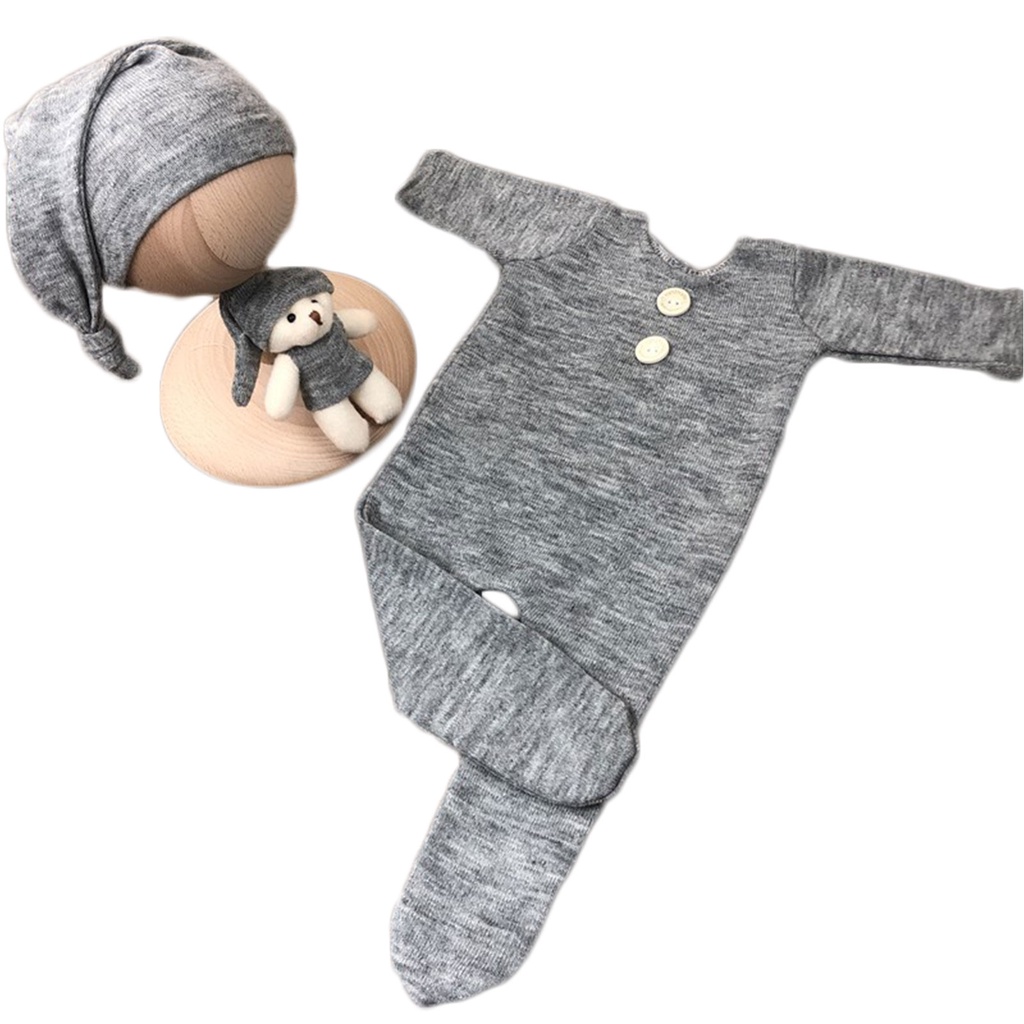 Bộ 3 Món Áo Liền Quần Tay Dài + Mũ Beanie Đuôi Dài + Nón Đội Đầu Chụp Ảnh Cho Bé Sơ Sinh