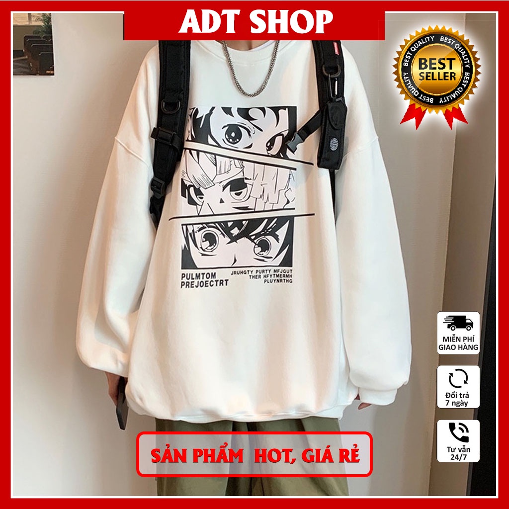 Áo sweater trắng đen in hoạ tiết hoạt hình anime Kimetsu No Yaiba mẫu mới HOT bán chạy
