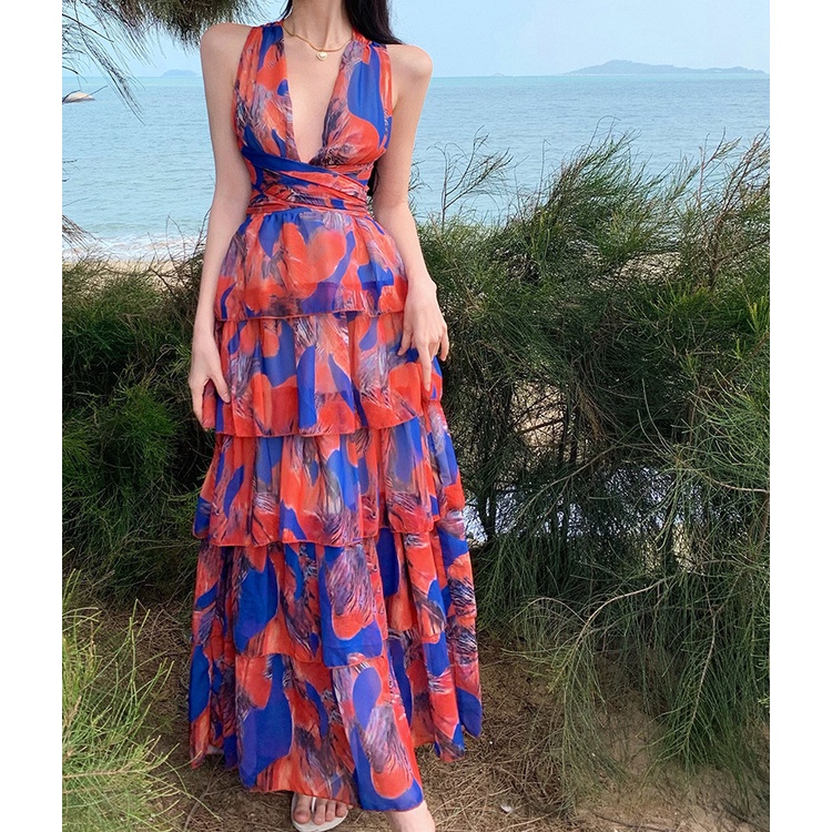 ❤️ Đầm nữ vải voan loang, cổ yếm, thắt chéo dây lưng sau, phong cách Pháp cực sang chảnh - V17