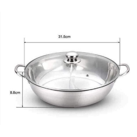 NỒI LẨU INOX 2 NGĂN VUNG KÍNH SZ 32 CM ĐUN ĐƯỢC BẾP TỪ VÀ BẾP GA, các loại bếp