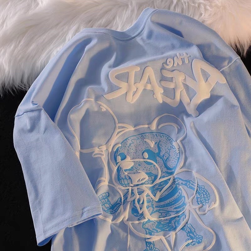 Áo phông nam nữ form rộng 2N Unisex thun cotton in The bear xanh/hồng