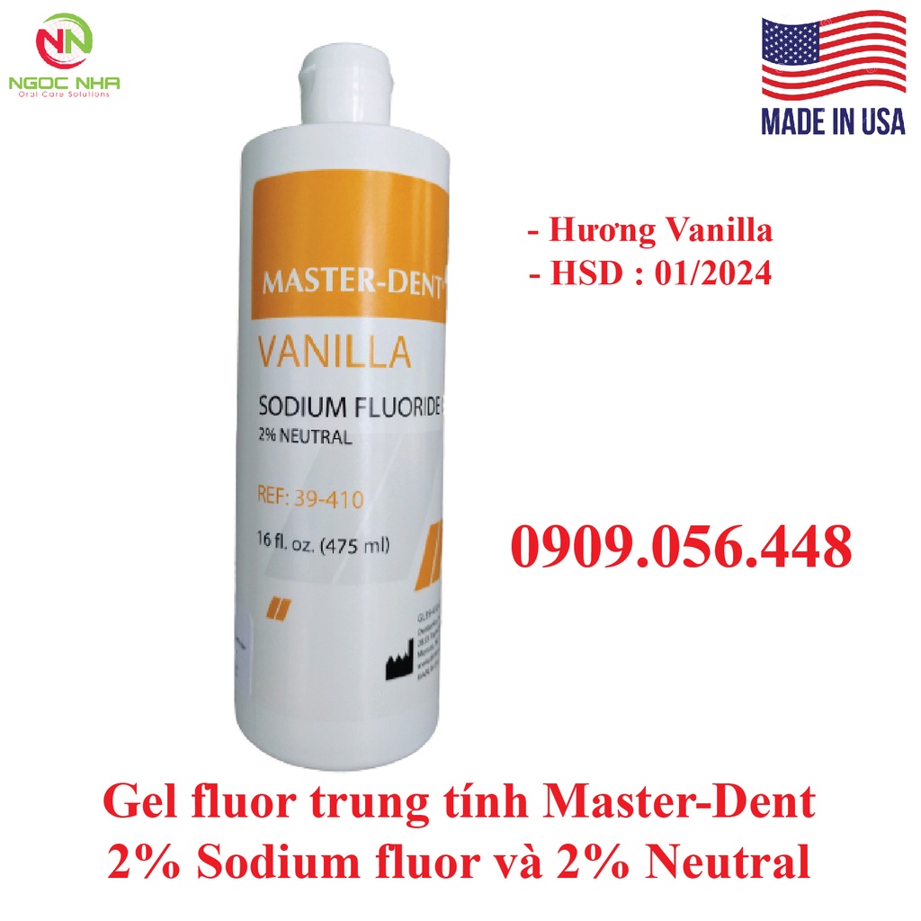 Gel ngậm fluor trung tính Master Dent 2% Sodium fluor và 2% Neutral hương Vanilla, ngừa sâu răng, giảm ê buốt 475ml