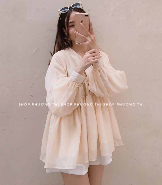 Áo babydoll cổ V chất voan tơ 3 màu (video/hình thật/sẵn)