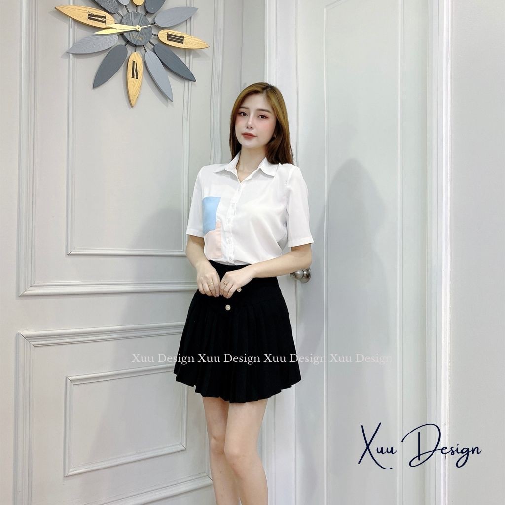 Áo sơ mi cộc tay nữ Xuu Design, Áo kiểu nữ trắng ngắn tay có túi cách điệu chất vải mềm mịn không nhăn SK05 trắng