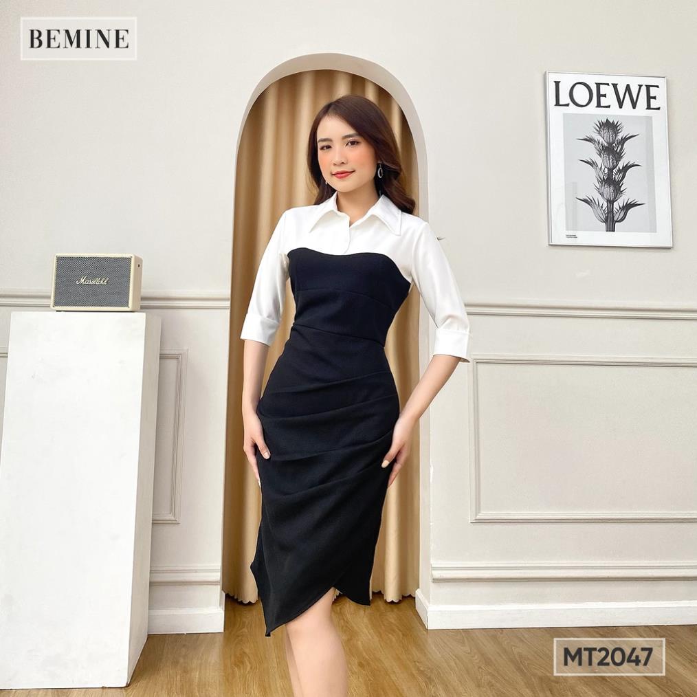 Đầm nữ dáng xòe kiểu dáng body cổ sơ mi xếp li eo BEMINE MT2047DEN -KLH)(