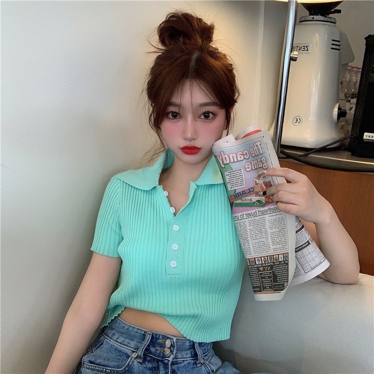 Happy-store  Áo croptop dệt kim tay ngắn cổ polo thời trang Hàn Quốc thanh lịch
