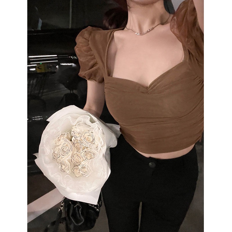 Áo Kiểu Tay Phồng Cổ Vuông Phối Lưới Phong Cách Pháp Ngọt Ngào Thời Trang Mùa Hè Cho Nữ