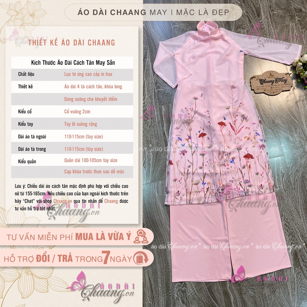 ✕✈✾Áo Dài Cách Tân Hoa Nhí Nữ 4 Tà Dáng Xuông Lụa Tơ Cao Cấp AODAI2102