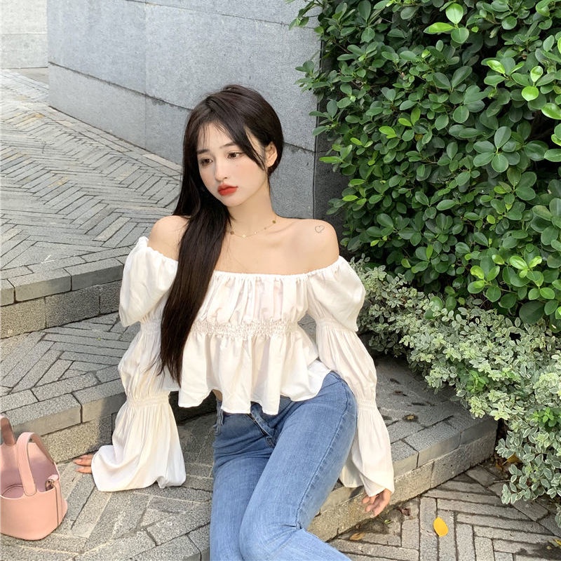 Áo kiểu COZOKC dài tay trễ vai phối bèo thời trang quyến rũ cho nữ