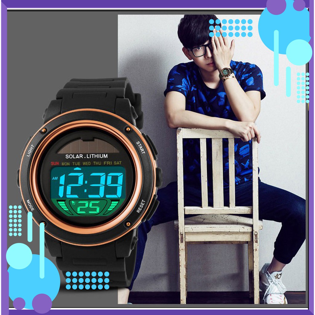 Đồng hồ điện tử SKMEI chạy năng lượng mặt trời đa chức năng, chống thấm nước, có báo thức phong cách thể thao cho nam nữ