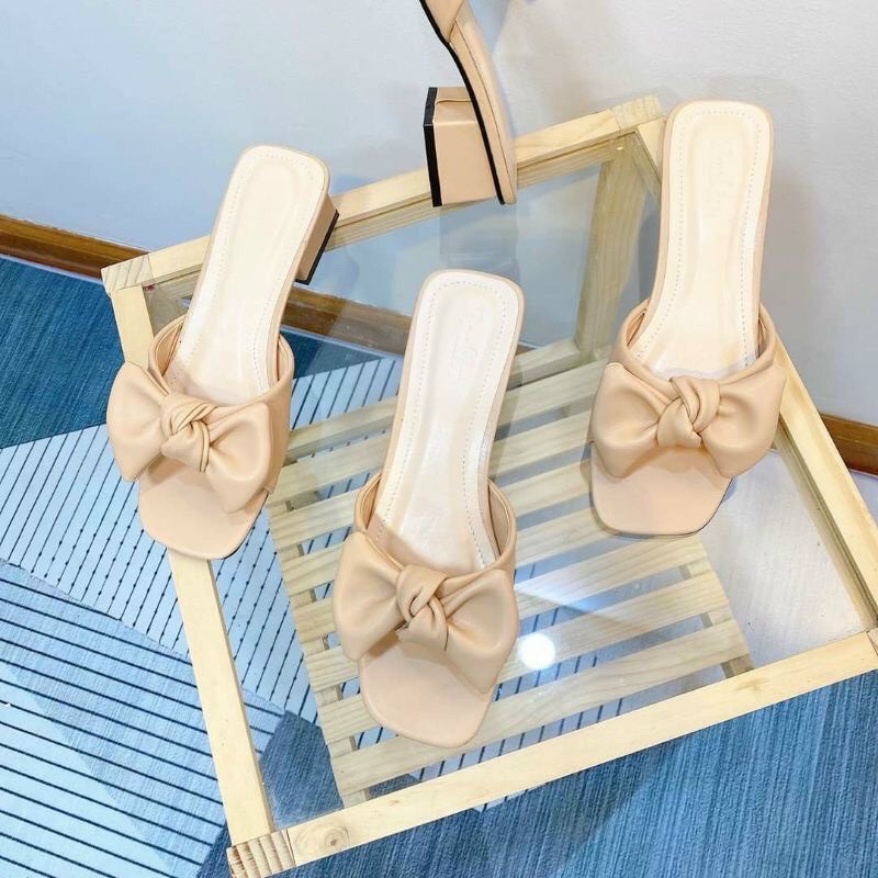 Dép nữ gót vuông phối nơ tai thỏ xinh xắn