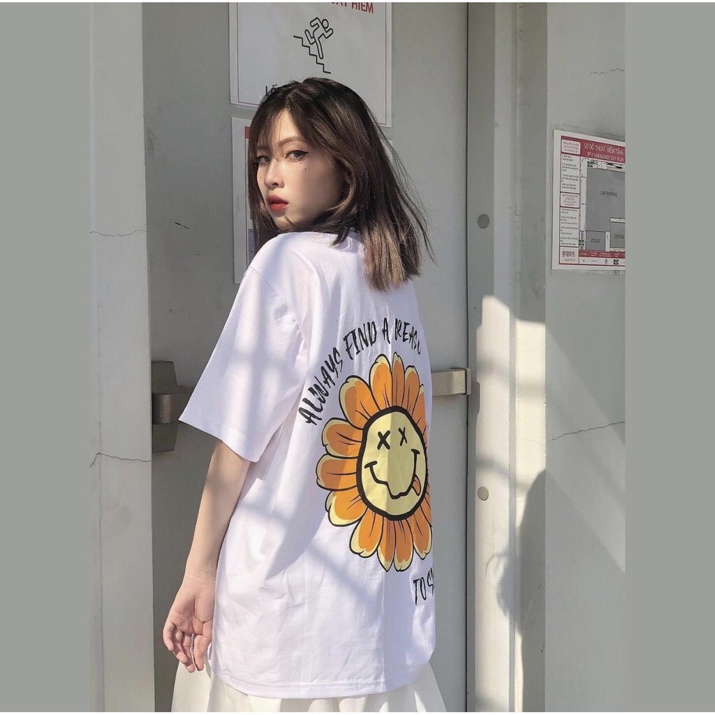 Áo Thun Nữ Unisex Màu Trắng In Hoa Mặt Trời DLX