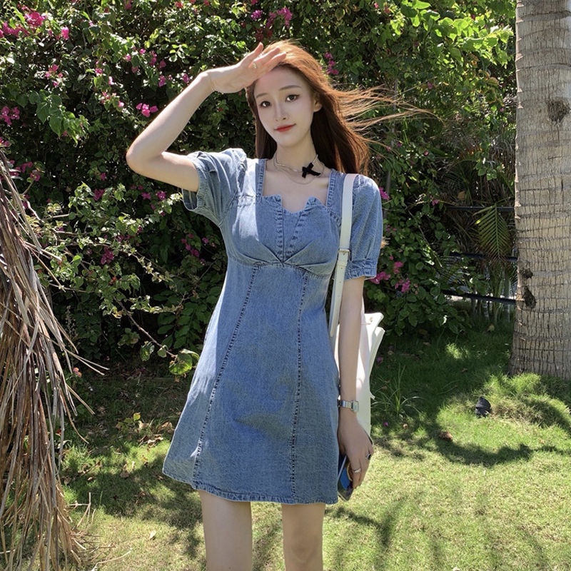Đầm Denim Dáng Chữ A Cổ Vuông Nhấn Eo Thời Trang Mùa Hè Phong Cách Hàn Quốc 2022