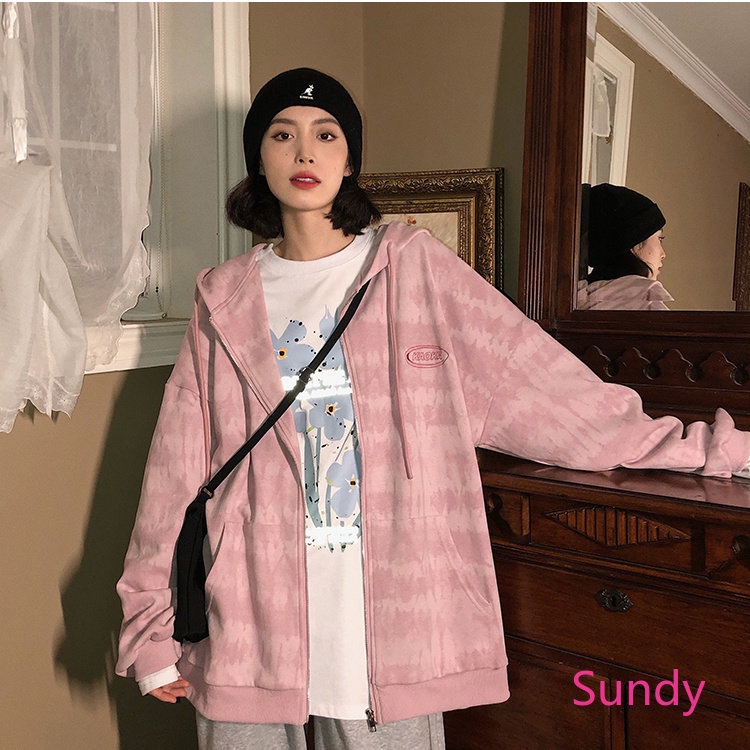 Áo Hoodie Tay Dài Nhuộm Màu Nhuộm Dáng Rộng Thời Trang Mùa Thu Cho Nữ