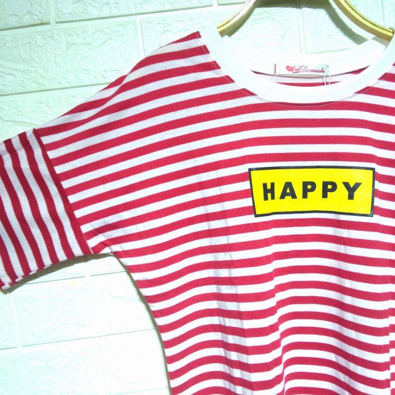 Áo thun cổ tròn HAPPY sọc ngang tay lửng