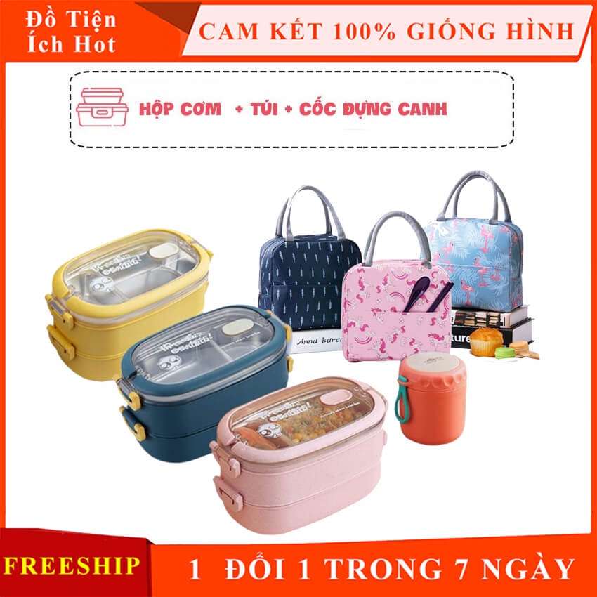 [COMBO] Hộp đựng cơm văn phòng giữ nhiệt lúa mạch 2 tầng lõi inox 304, dung tích 1,5 lít + Cốc đựng canh + Túi giữ nhiệt
