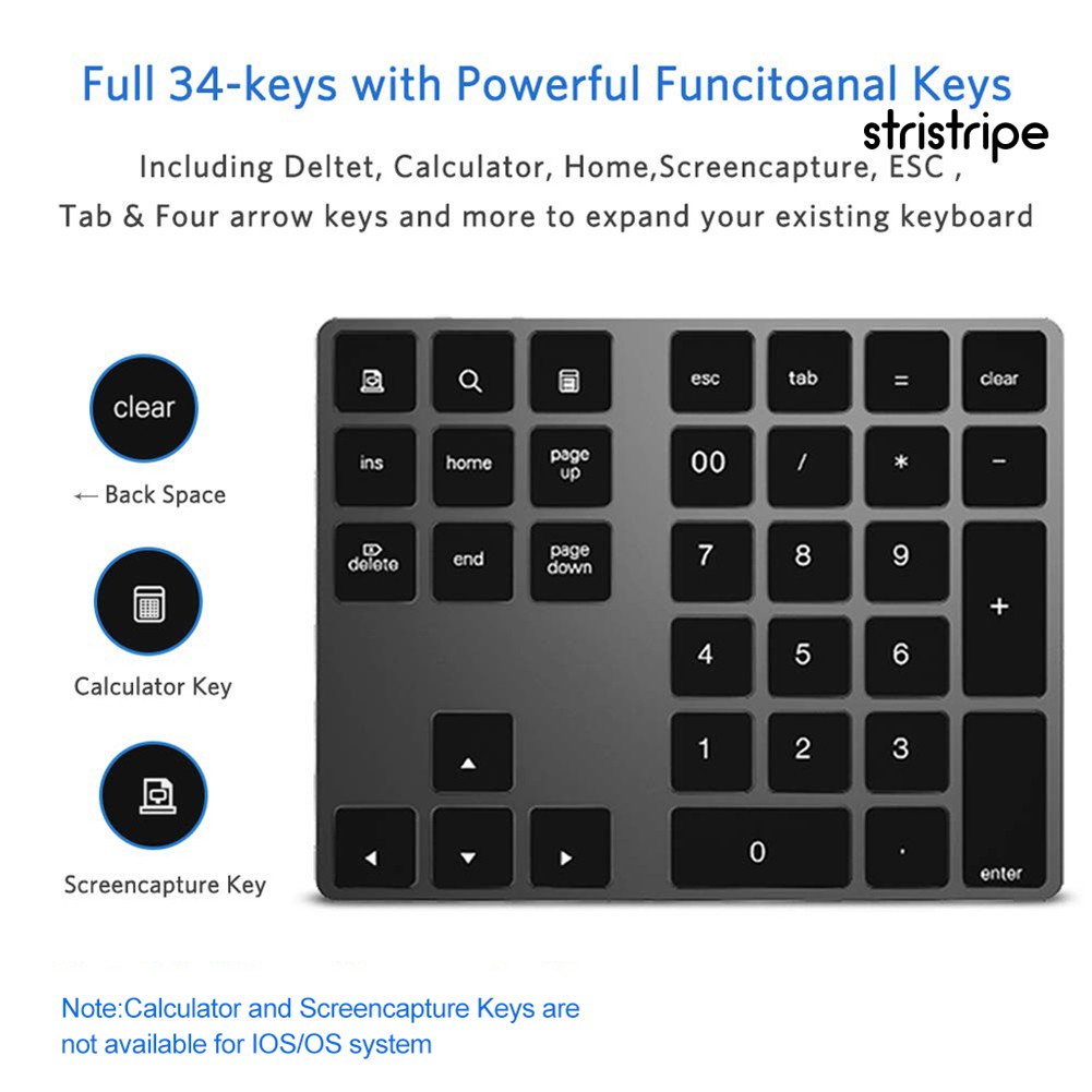 STR Portable Aluminum 34 Keys Wireless Bluetooth Keyboard Keypad for MacBook Air/Pro