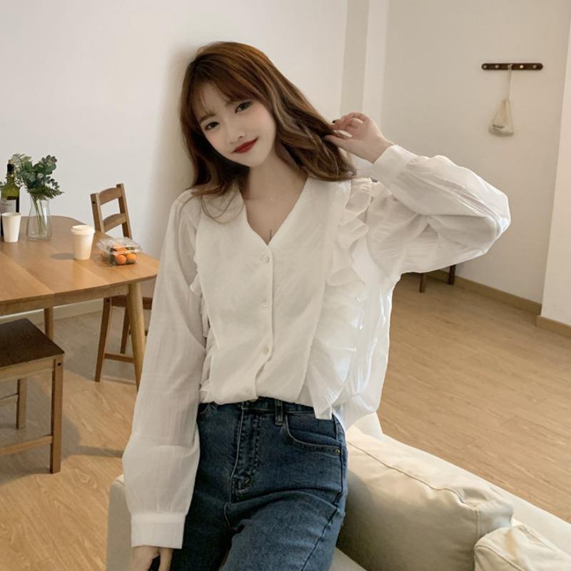 Áo Sơ Mi Trơn Tay Dài Cổ Chữ V Thời Trang Dành Cho Nữ