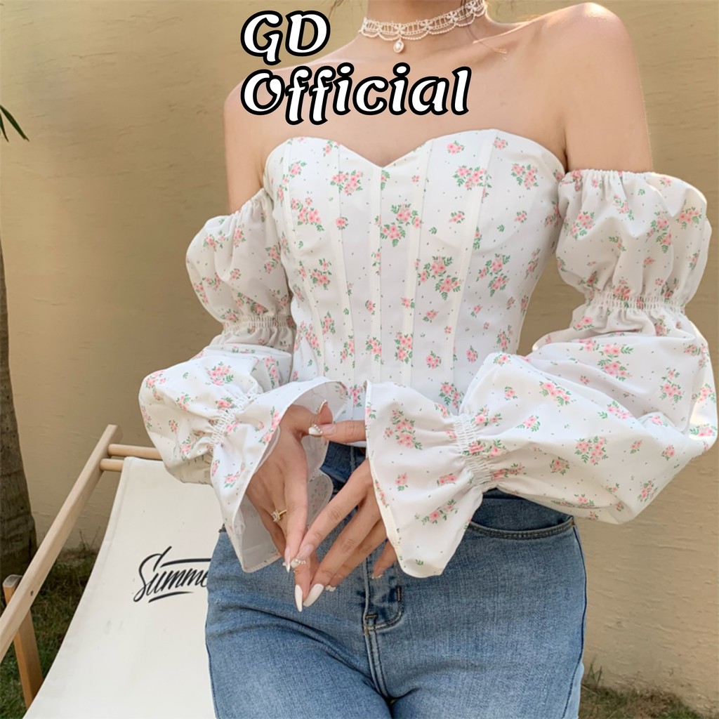A27|Áo sơ mi croptop ống nữ trễ hở vai dài tay phồng khoét cúp ngực ôm body họa tiết hoa GD Official