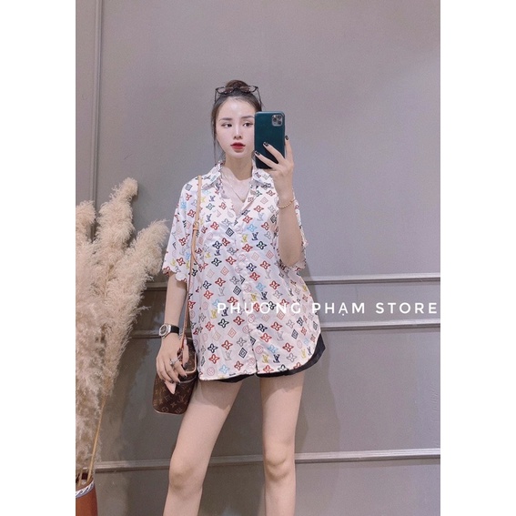 ÁO SƠ MI LỤA CÓ CỔ IN CHỮ LV, FF
