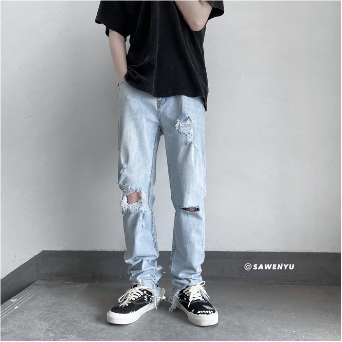 (sale xả kho) Quần jean rách nam rách gối dáng baggy màu xanh trắng 324 Pon.mens