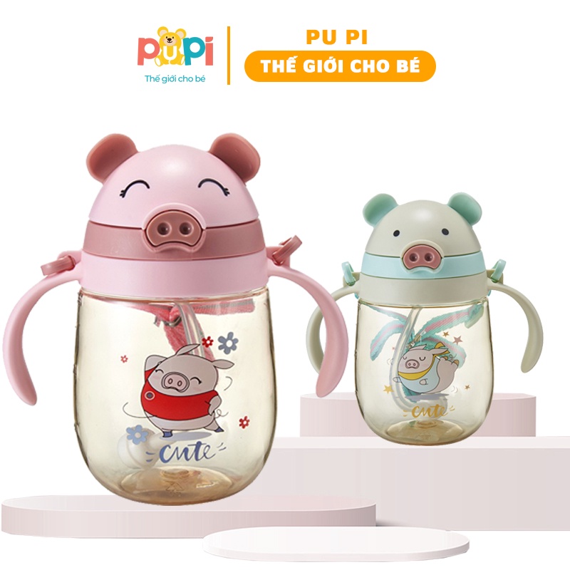 Bình Tập Uống Nước Cho Bé Có Ống Hút Dây Đeo Có Tay Cầm Hình Con Heo Đáng Yêu Dung Tích 305 ml Pu Pi House