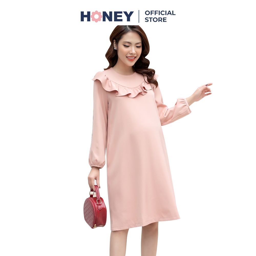Váy bầu công sở chất liệu âu hàn dáng xuông cổ viền bèo tạo kiểu - Thời trang đầm bầu cao cấp HONEY