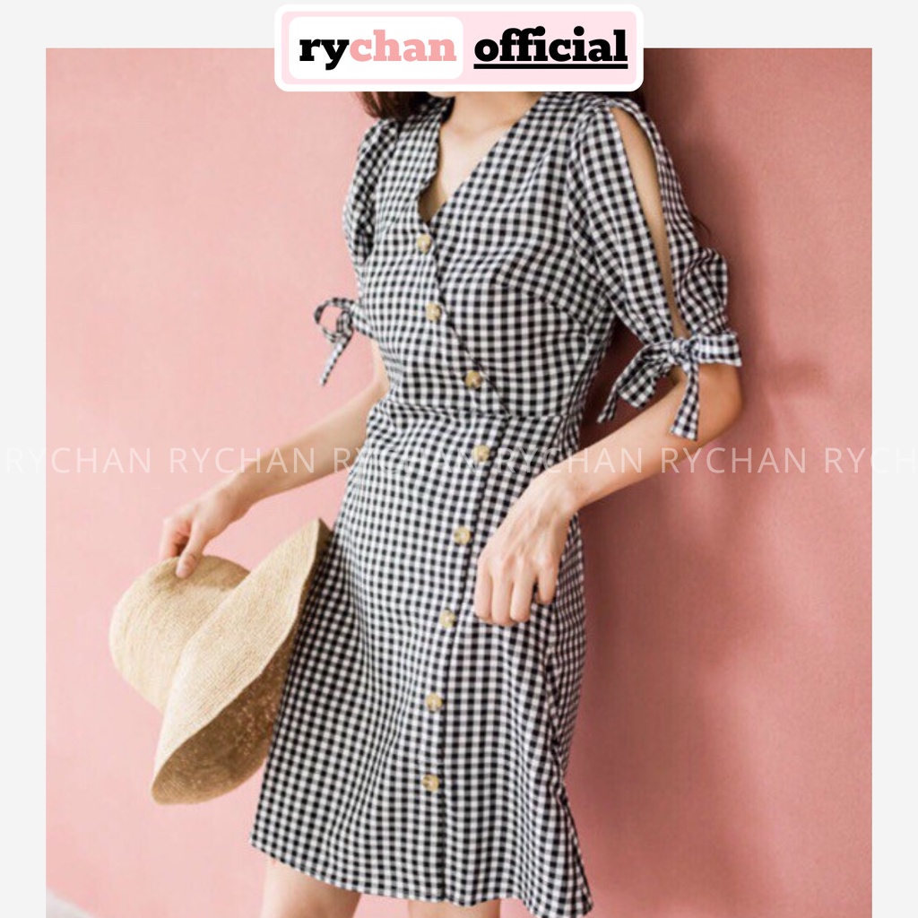 DX646 - Đầm Xòe Caro Đắp Chéo Tay Lỡ Phối Nơ