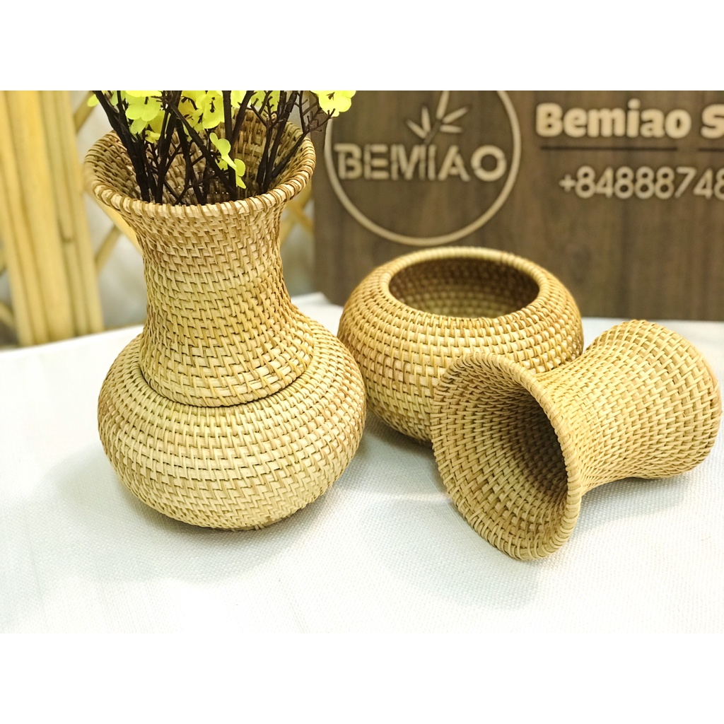 Lọ hoa mây tre đan BEMIAO lọ hoa 2 chi tiết Lọ hoa Decor có thể tách rời, trang trí nhà cửa, lọ hoa đa năng
