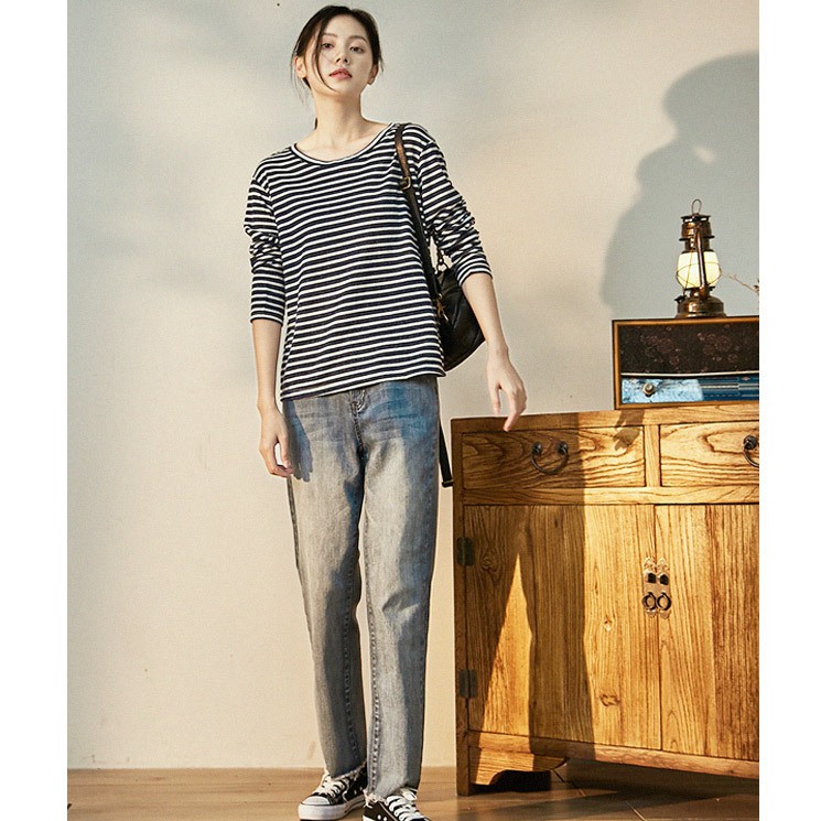 Áo thun form rộng tay dài unisex sọc trắng đen [TIEMDOJEAN]