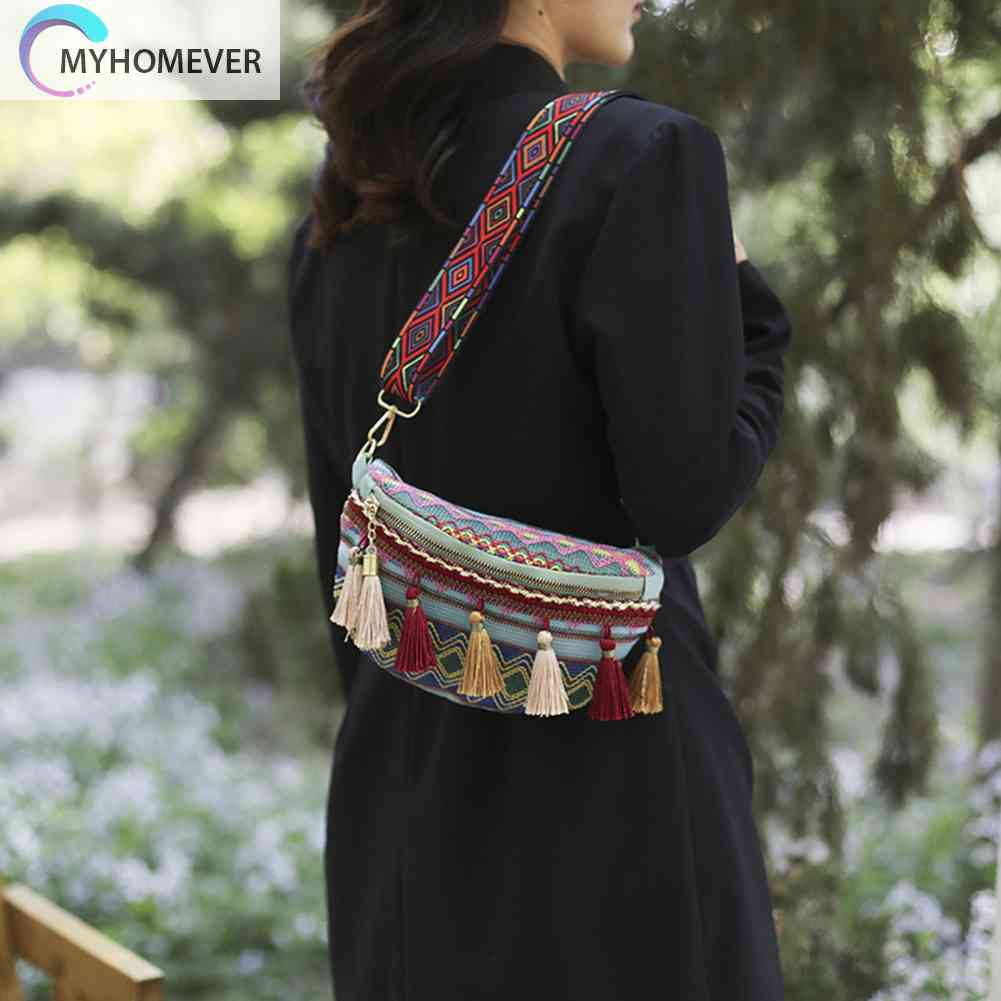 Túi Đeo Chéo Ngực Vải Canvas Phối Tua Rua Phong Cách Thổ Cẩm