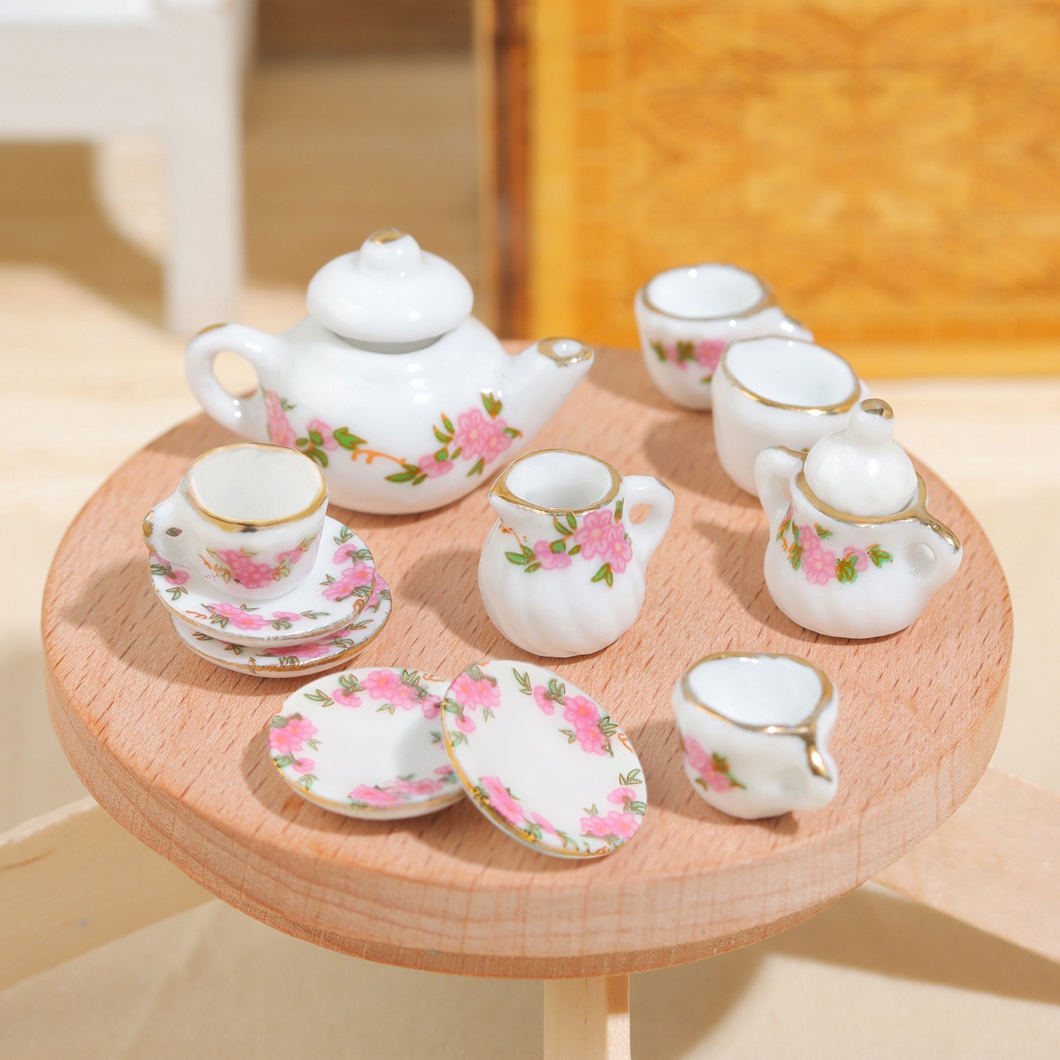 KRNY 11pcs Toys Porcelain Tea Cup Set Chic Style 1/6 1/12 Miniature Dollhouse Accessories Kitchen with|Trim Home Decoration Kit Floral Pattern Dining Ware