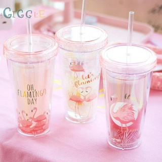 Ly Nước In Họa Tiết Hồng Hạc 380ml Kèm Ống Hút