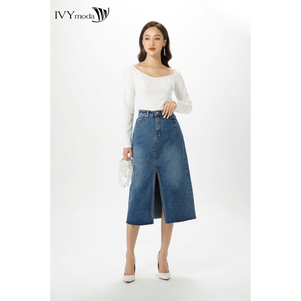 Chân váy bò chữ A xẻ trước IVY moda MS 32B8851