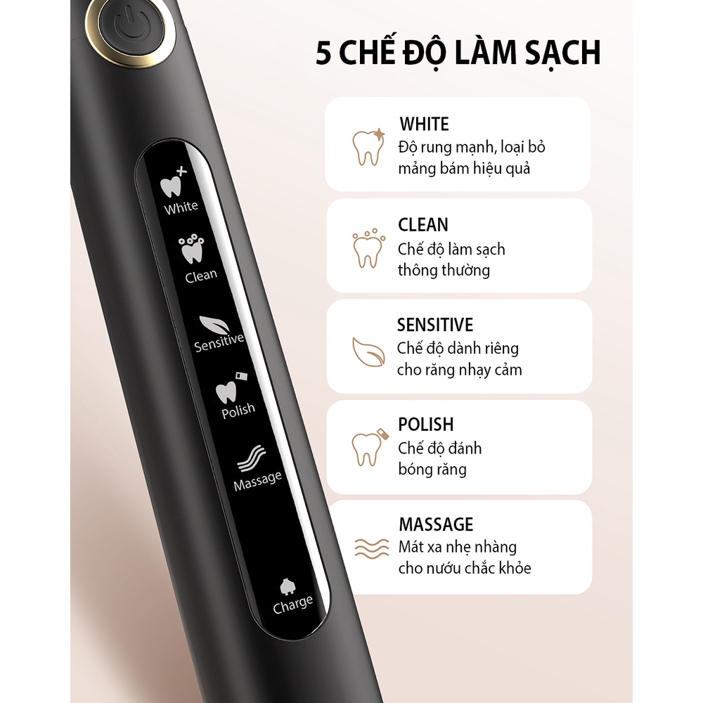 Bàn chải đánh răng điện FAIRYWILL D7 tặng kèm 3 đầu thay đặc biệt 5 chế độ làm sạch