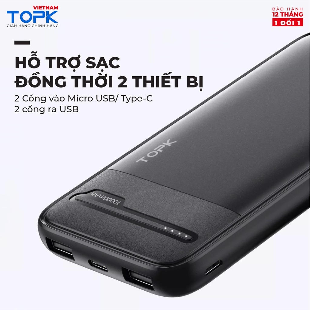 Sạc dự phòng 10000mAh TOPK I1016 Đầu ra 2 cổng USB