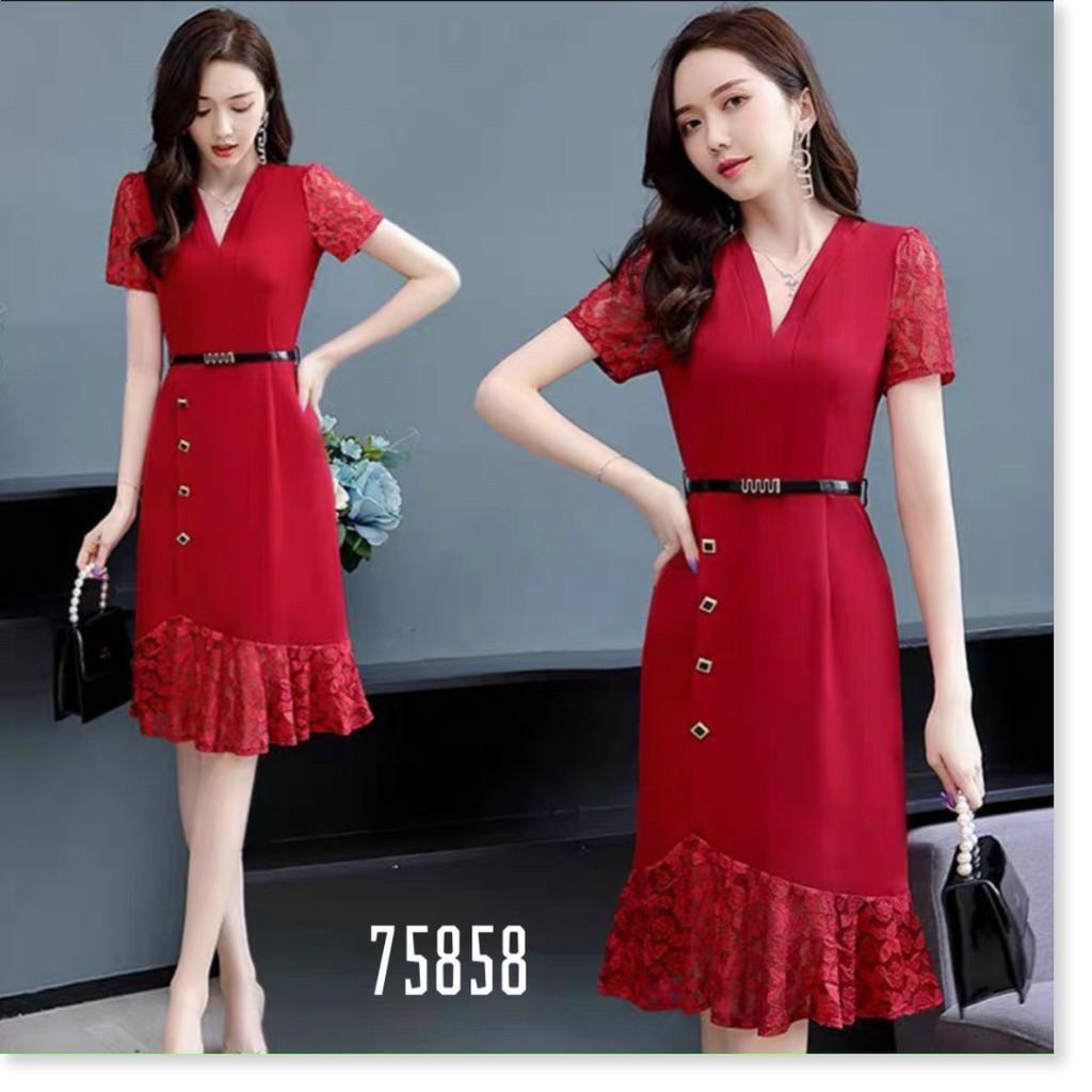 ĐẦM SUÔNG NỮ CỔ V PHỐI REN LỊCH THIỆP SANG TRỌNG CHO PHÁI ĐẸP HHP