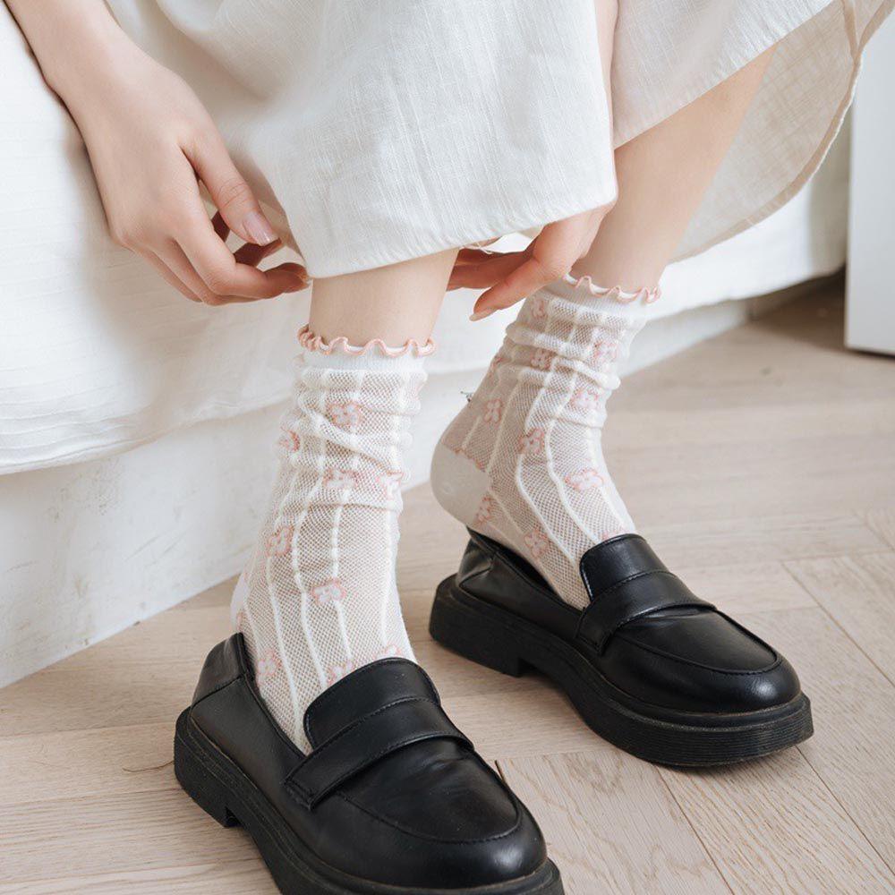 Vớ Kẻ Sọc Trong Suốt In Họa Tiết Hoa Thanh Lịch Cho Nữ|Vớ Lụa Phong Cách Harajuku Cá Tính