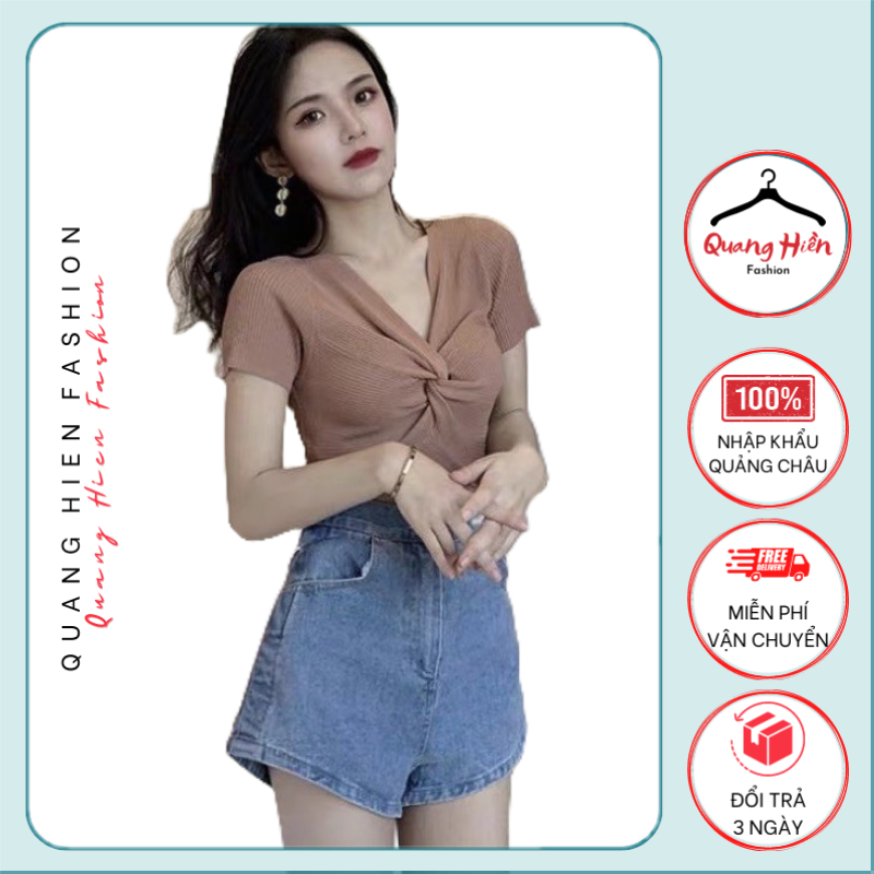 Áo len tăm Quảng Châu cộc tay xoắn ngực freesize MS071