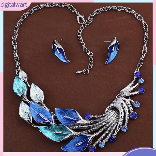 Bộ dây chuyền và khuyên tai hình lông công đính kim cương giả phong cách cổ điển