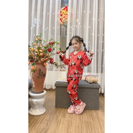 (jean baby kho sỉ)bộ ngủ,pijama  dài tay vải lụa hoạ tiết cao cấp cho bé gái (10-23kg)