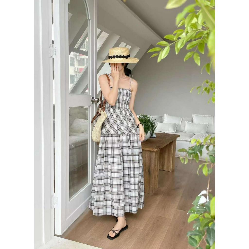 Váy kẻ  hottrend EMIX, đầm 2 dây 2s phong cách Trung Quốc, dáng dài midi chữ A chất thô boil 1959