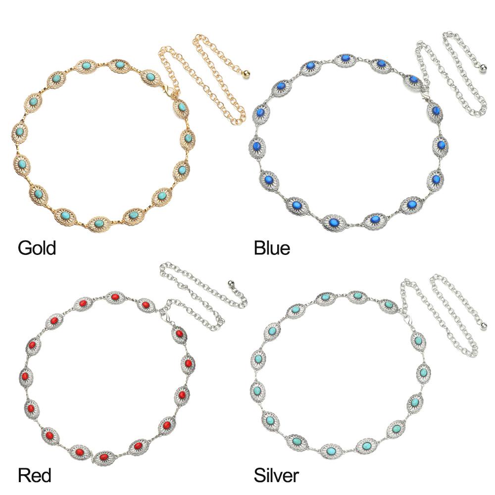 Thắt Lưng Dây Xích Kim Loại Đính Đá Ngọc Lam Có Thể Điều Chỉnh Cho Nữ