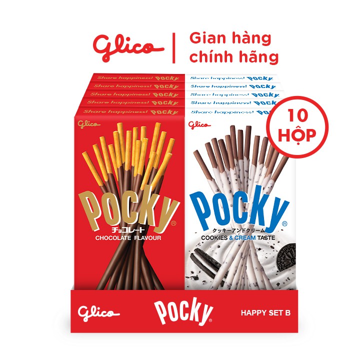 Combo 10 hộp bánh snack que Pocky Happy Set B 610G 5 Sô Cô La 5 Cookies