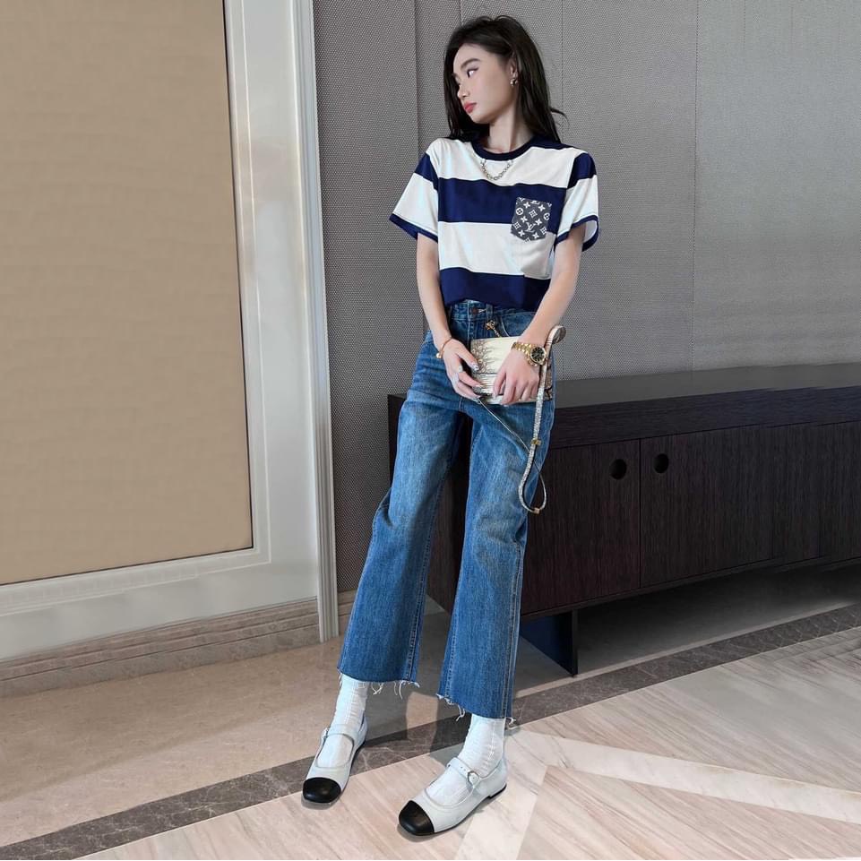 ÁO THUN ÁO PHÔNG LV VNXK SỌC XANH TRẮNG - COTTON 100% 4C FORM CHÂU ÂU